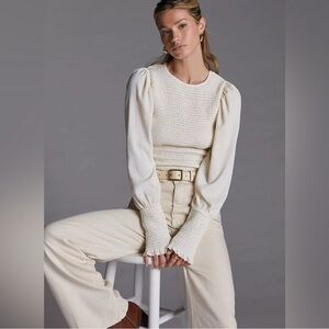 Anthropologie Cream Smocked Long Sleeve Top in Small